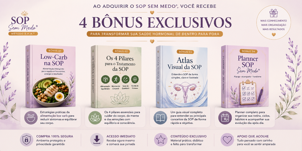 Os 4 bônus exclusivos: Low-Carb na SOP, Os 4 Pilares, Atlas Visual da SOP e Planner SOP Sem Medo®